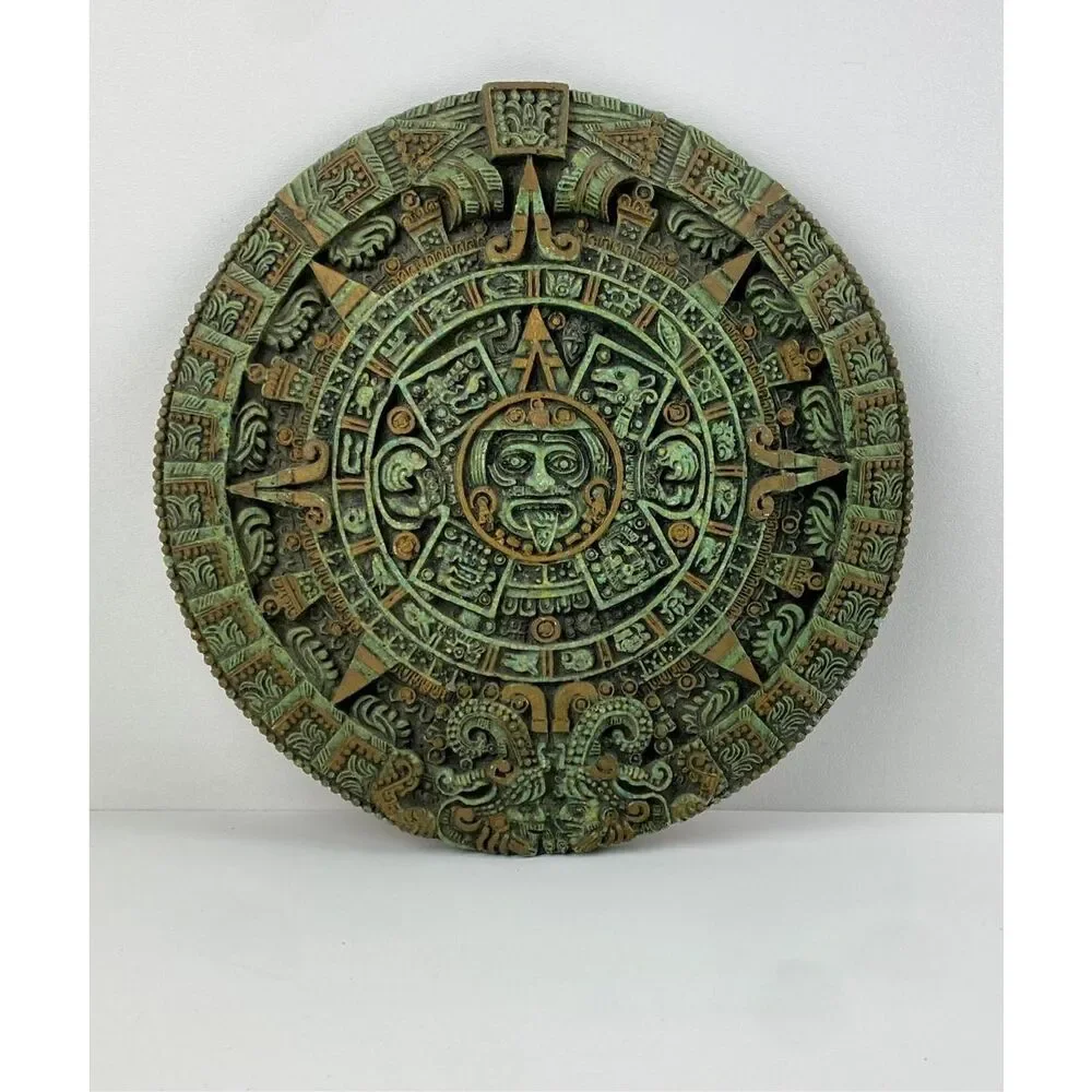 Vintage Large Engraved Mayan Aztec Calendar Sun Malachite Stone Wall Panel 11.5